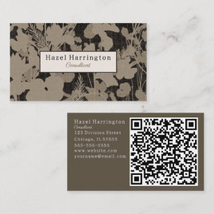 Elegante floral QR Business Card Schwarz Beige Visitenkarte