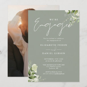 Elegante Floral Salbei-Grün Foto-Verlobungsfeier Einladung