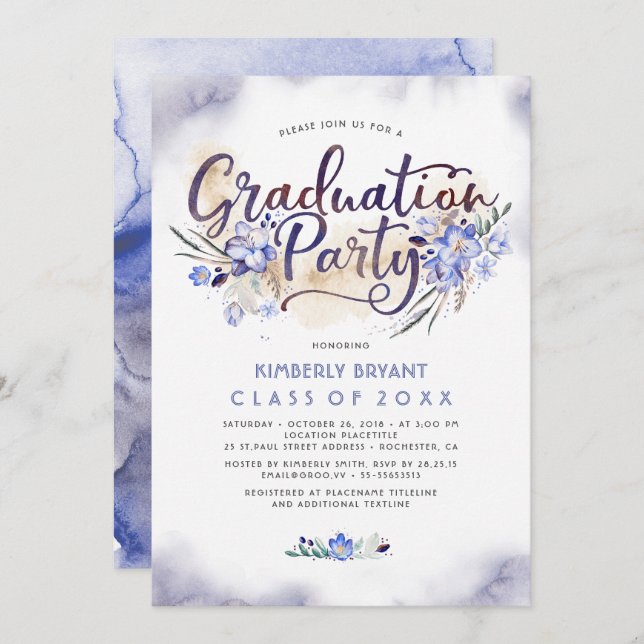 Elegante Floral Script Watercolor Graduation Party Einladung (Vorne/Hinten)