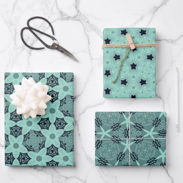 Elegante Floral & Star-Muster in Mint Tones Geschenkpapier Set (Vorderseite)