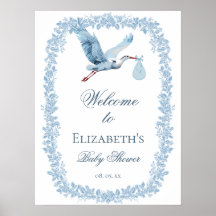 Elegante Floral-Toile-Rahmen Blau Storch Willkomme