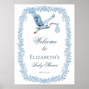 Elegante Floral-Toile-Rahmen Blau Storch Willkomme Poster