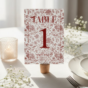 Elegante Floral Toile Schrift Hochzeit in Rot Tischnummer