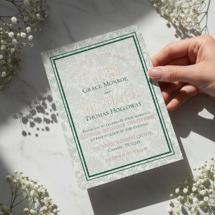 Elegante Floral-Toile-Schrift-Monogramm Grüne Hoch Folieneinladung