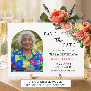 Elegante Floral- und Foto-92. Geburtstagsfeier  Save The Date