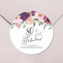 Elegante Floral Watercolor 80. Geburtstagsparty Runder Aufkleber