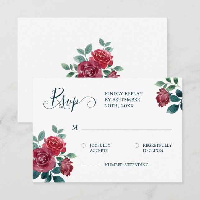 Elegante Floral Watercolor Burgund Aquamarine Hoch RSVP Karte (Vorne/Hinten)