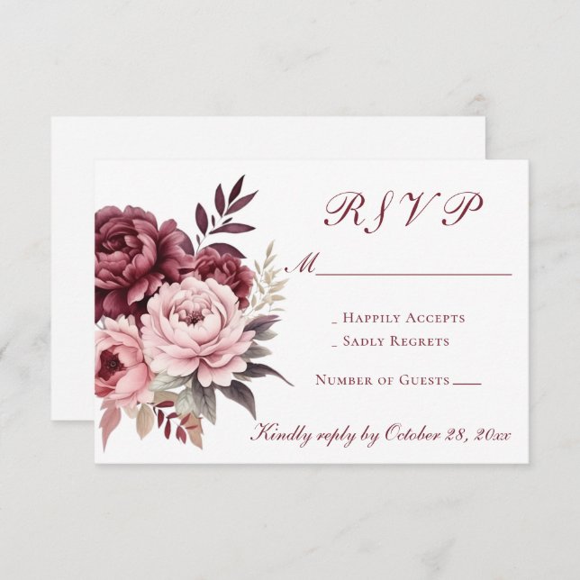 Elegante Floral Watercolor Burgundy Peony Wedding RSVP Karte (Vorne/Hinten)