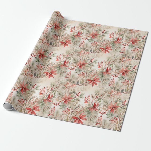 Elegante Floral Watercolor Weihnachten Geschenkpapier (Ungerollt)