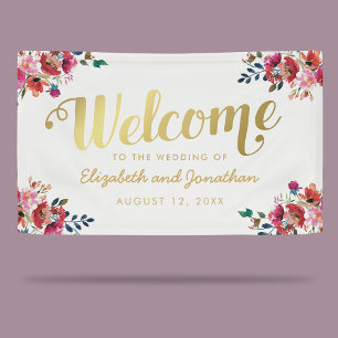 Elegante Floral Watercolor White Gold Hochzeit Banner
