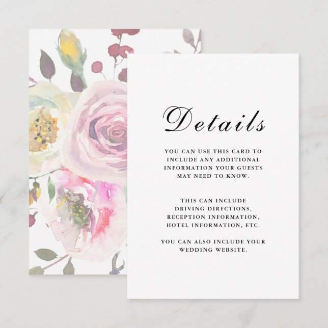Elegante Floral Wedding Guest Details Begleitkarte (Vorne/Hinten)