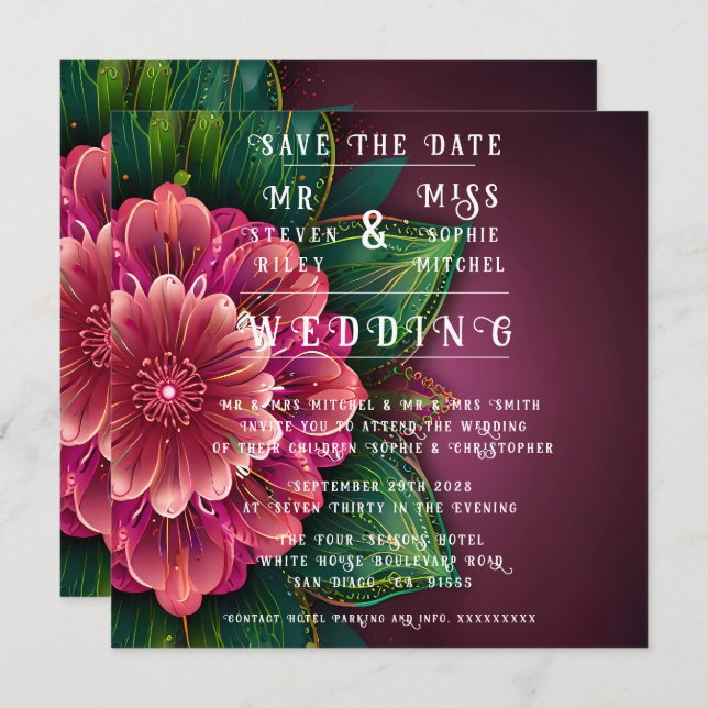 Elegante Floral Wedding Invitation Suite Save The Date (Vorne/Hinten)