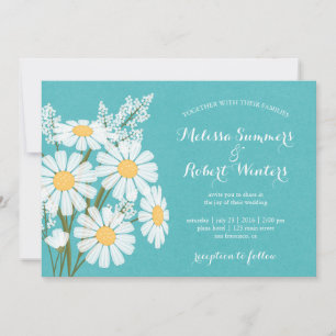 Elegante Floral White Daisies Aquamarin Wedding Einladung
