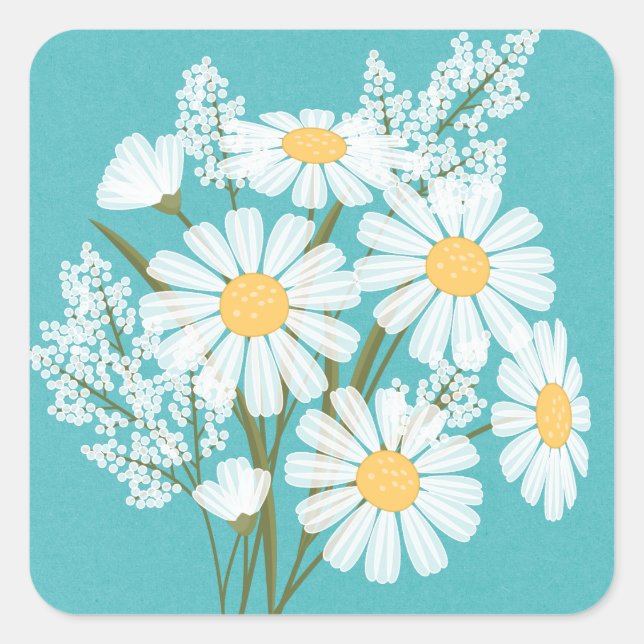 Elegante Floral White Daisies auf Aquamariner Hoch Quadratischer Aufkleber (Vorderseite)