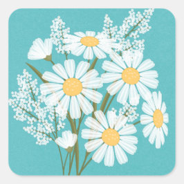 Elegante Floral White Daisies auf Aquamariner Hoch Quadratischer Aufkleber