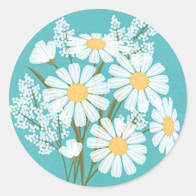 Elegante Floral White Daisies auf Aquamariner Hoch Runder Aufkleber (Vorderseite)