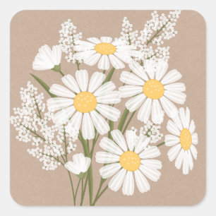 Elegante Floral White Daisies auf Beige Wedding Quadratischer Aufkleber