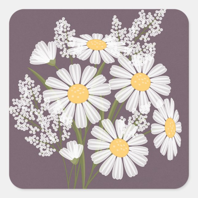 Elegante Floral White Daisies auf Pflaumenhochzeit Quadratischer Aufkleber (Vorderseite)