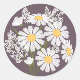 Elegante Floral White Daisies auf Pflaumenhochzeit Runder Aufkleber