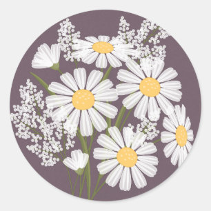 Elegante Floral White Daisies auf Pflaumenhochzeit Runder Aufkleber