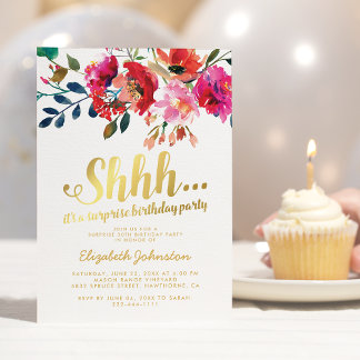 Elegante Floral White Gold Überraschung Geburtstag Einladung