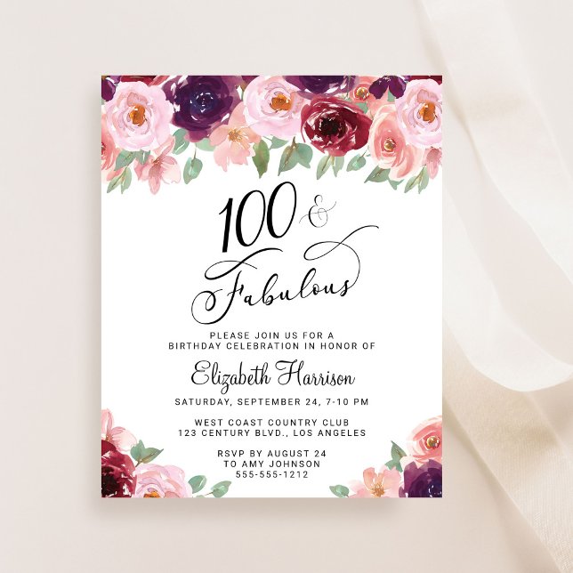 Elegante Florale 100. Geburtstags-Einladung (100 & Fabulous: Toast to a Life Well Celebrated!)