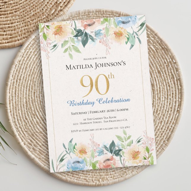 Elegante Florale 90. Geburtstagsfeier Einladung (Elegant Floral 90th Birthday Party Invitation)