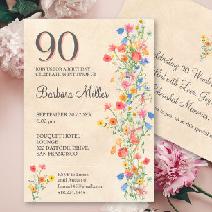 Elegante Florale 90. Geburtstagsfeier Wildblumen Einladung