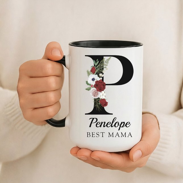 Elegante Florale Anfangsbuchstabe Tasse als indivi (Personalized Monogram Floral Alphabet Mug for Mom, Grandma, Teacher, Nurse, Lawyer or Bridesmaid)