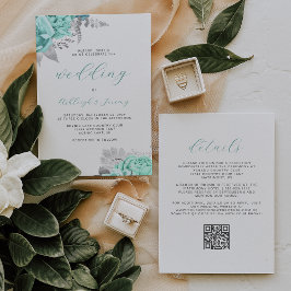 Elegante Florale Aqua Silber QR-Code Hochzeit Einladung
