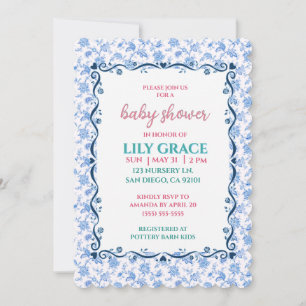Elegante Florale Babyparty Blaue Schleife Shabby C Einladung