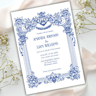 Elegante florale barocke blaue Säulen-Hochzeit Einladung