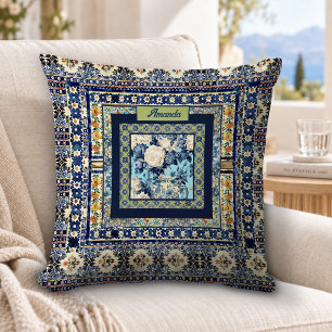 Elegante florale blaue Fliesen-Chinoiserie-Monogra Kissen