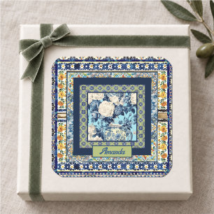 Elegante florale blaue Fliesen-Chinoiserie-Monogra Quadratischer Aufkleber