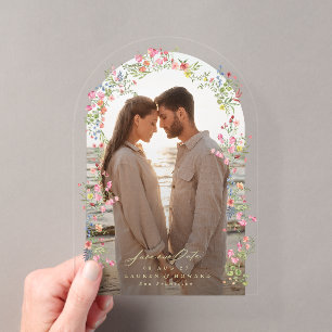 elegante florale Bogen-Foto Save-the-Date-Hochzeit Acryleinladungen