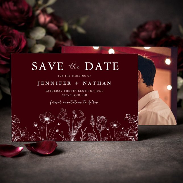 Elegante Florale Bordeaux-Farbenes "Save the Date" Save The Date (Von Creator hochgeladen)