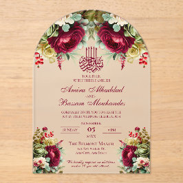 Elegante florale Burgund Rose 3 Islamische Hochzei Acryleinladungen