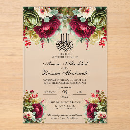 Elegante florale Burgund-Rose Islamische Hochzeit Acryleinladungen