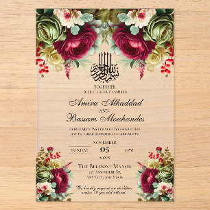 Elegante florale Burgund-Rose Islamische Hochzeit Acryleinladungen