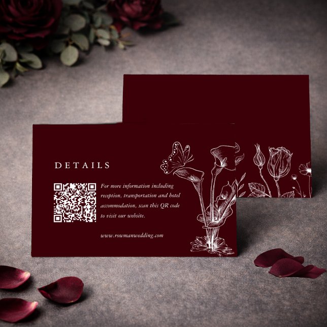 Elegante florale burgunderrote Hochzeitsdetails QR Begleitkarte (Von Creator hochgeladen)