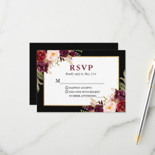 Elegante florale Burgundy Black Gold Frame Wedding RSVP Karte