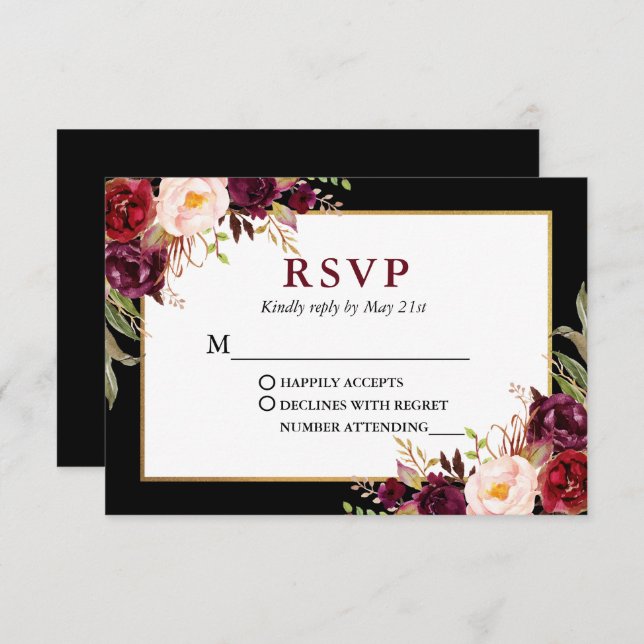 Elegante florale Burgundy Black Gold Frame Wedding RSVP Karte (Vorne/Hinten)