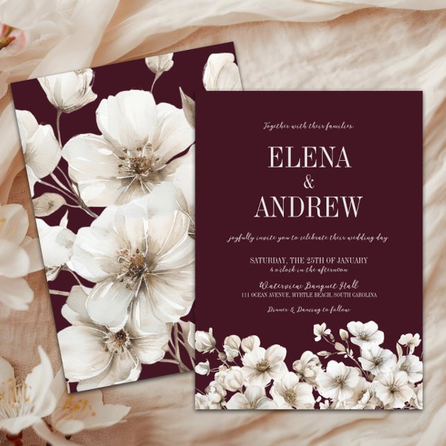 Elegante florale Burgundy Rot und Weiße Hochzeit Einladung (Elegant Burgundy & White Floral Wedding Invitation, Winter Wedding, Fall Autumn, Love in Bloom)