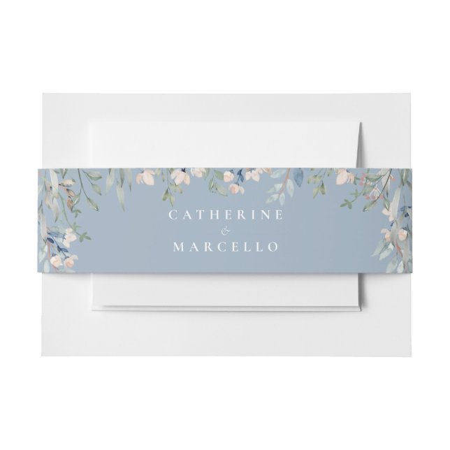 Elegante florale Cascade Dusty Blue Wedding Einladungsbanderole (Vorderseite Beispiel)