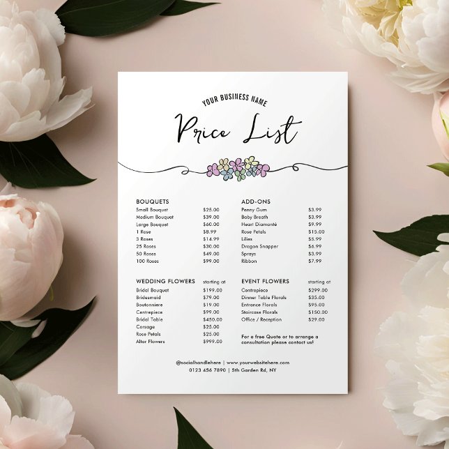 Elegante florale Chic Florist Business Price List (Elegant hand drawn floral price list design with fully editable text and layout)