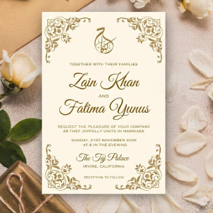 Elegante florale Creme und Gold Islam Muslim Hochz Einladung