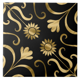 Elegante florale Damaske Schwarze Goldblume Fliese