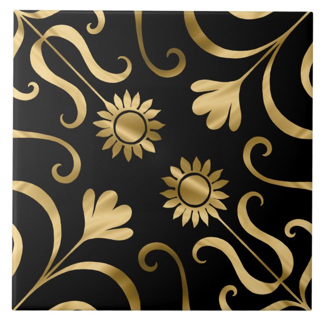 Elegante florale Damaske Schwarze Goldblume Fliese (Vorderseite)