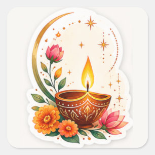 Elegante Florale Diya Diwali Quadratischer Aufkleber