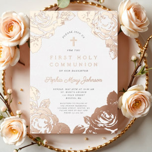 Elegante Florale Erstkommunion Roségold Folieneinladung